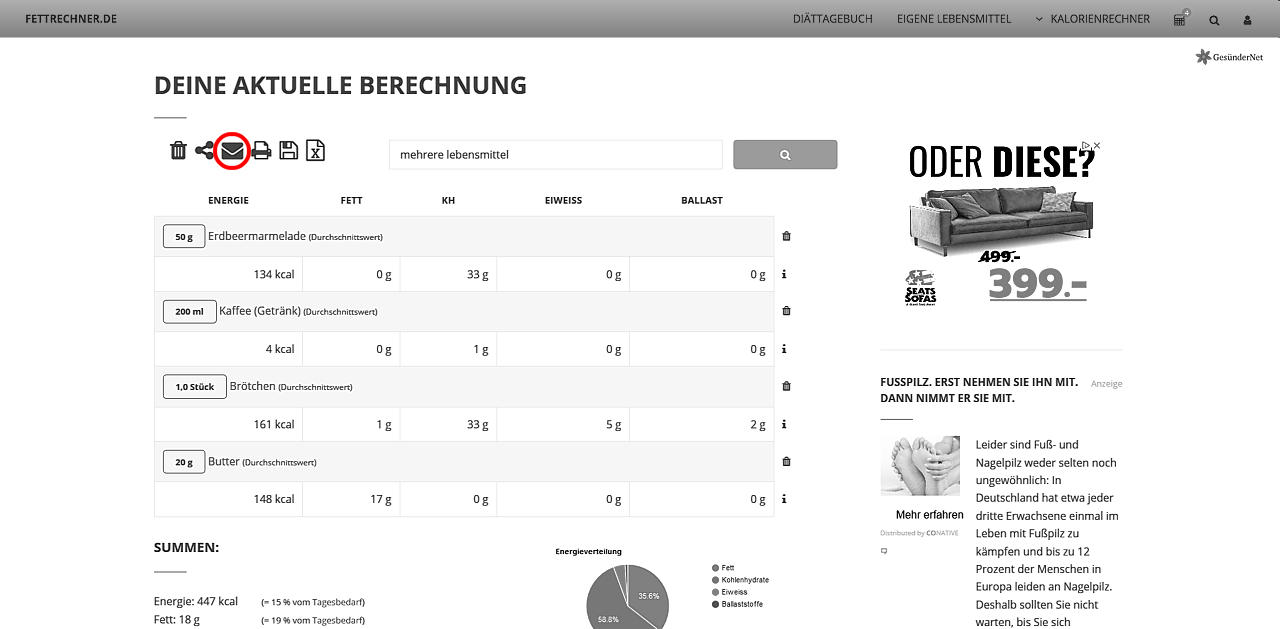 Symbol zum Zusenden der Kalorienberechnung