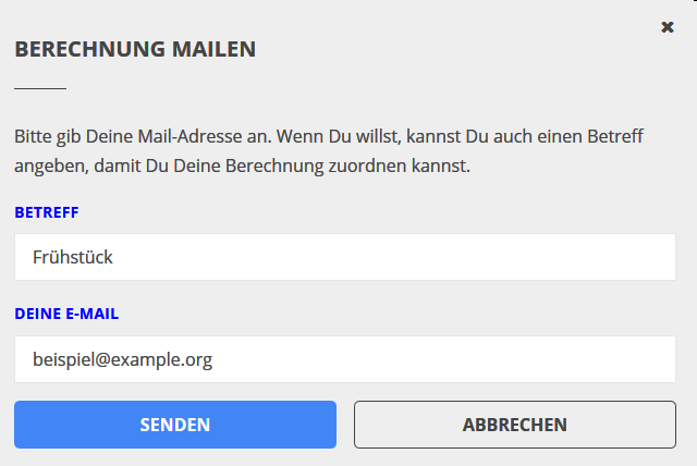 Dialog zur Eingabe eines Betreffs und der Mail-Adresse