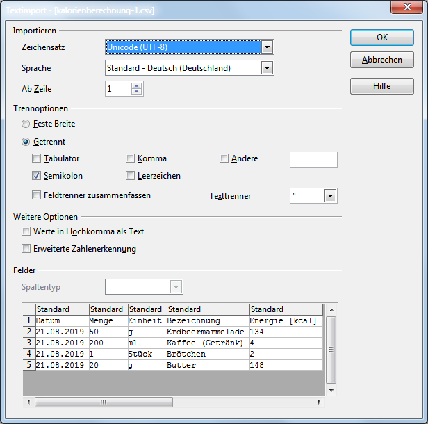 Beispiel für das Öffnen der Kalorienberechnung im Programm OpenOffice Calc