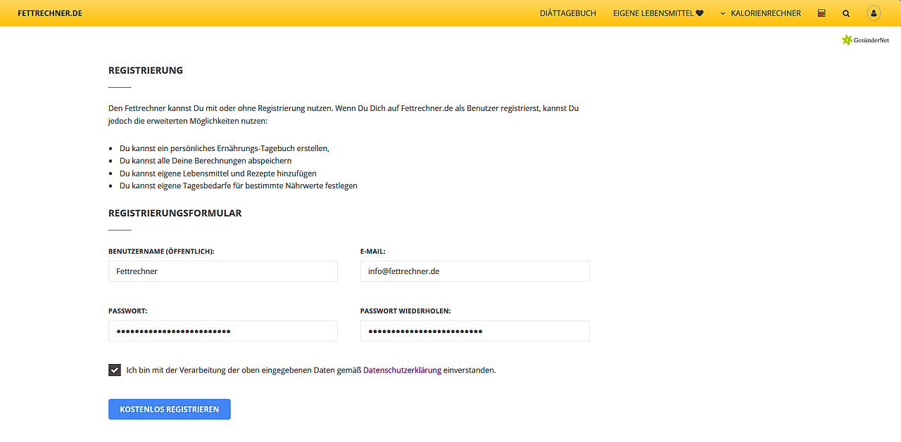 Ausfüllen der Registrierung