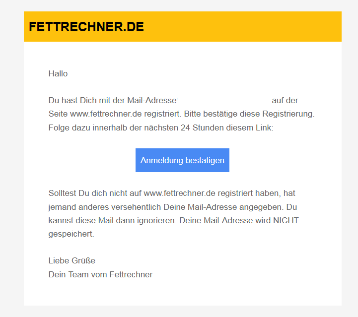 e-Mail zur Bestätigung der Registrierung