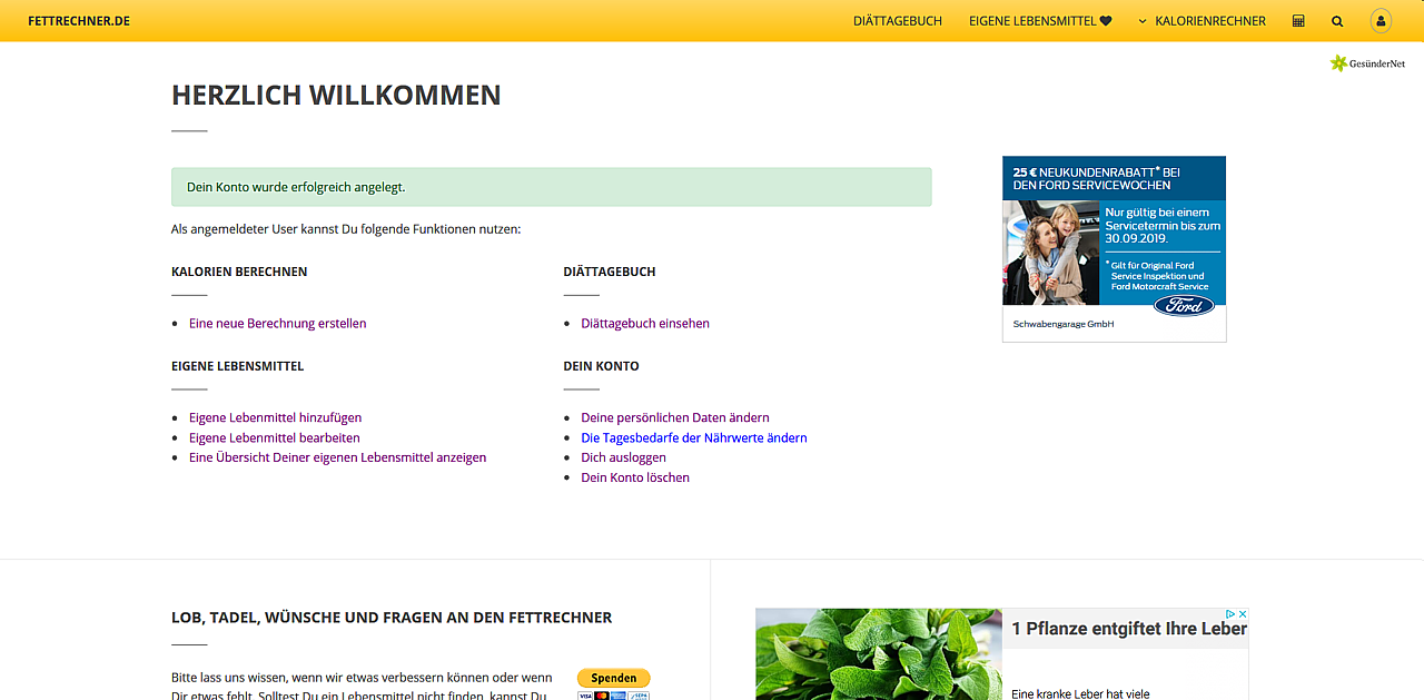 Bestätigung der Registrierung auf Fettrechner.de